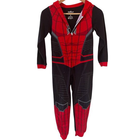 Marvel Other - Spiderman Boys Jumpsuit Pajama Costume Size 8 Fleece Hooded Halloween Superhero